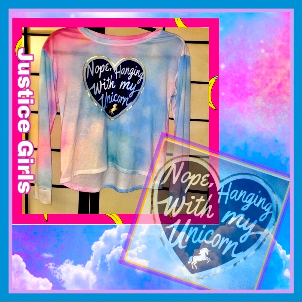 Pretty Justice Unicorn Soft Pink Blue TieDye Long sleeve T-shirt Gold Heart